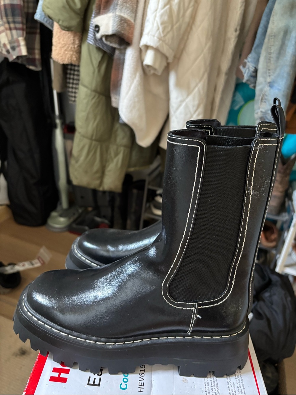 NWOT Chunky Black Chelsea Boots with White Contrast Stitching